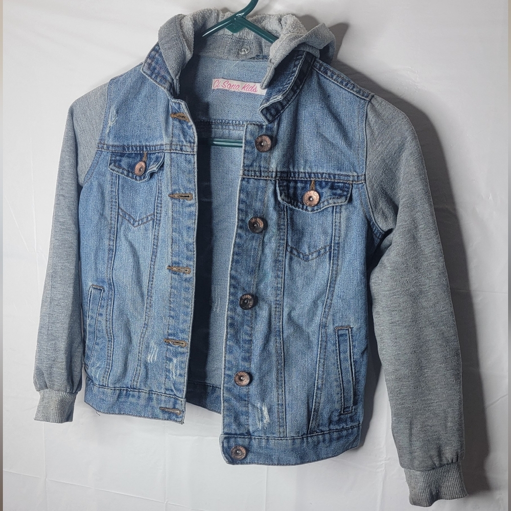 Kids Denim Jacket with Gray Cotton Sleeves And Removable Hood